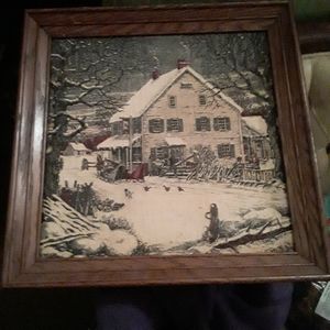 1970s Vintage Linen Winter Scene Kay Dee framed